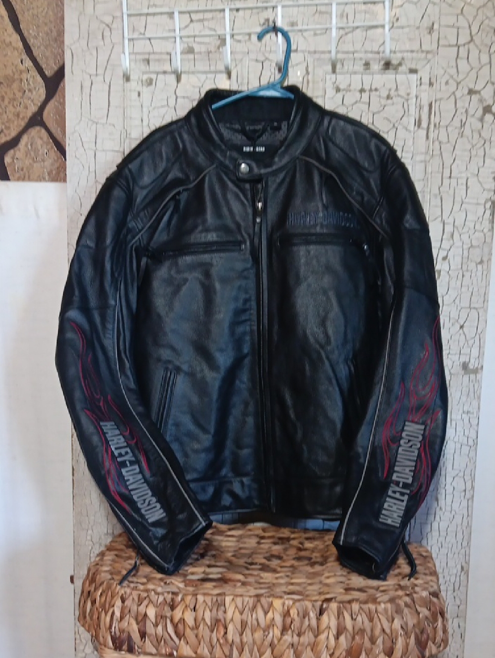 Harley-Davidson Black Leather Bomber Jacket with Red Flame Sleeve Graphics